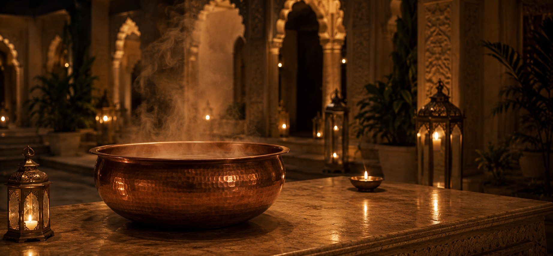 A hammered copper urli of steaming water on a carved marble ledge, lanterns and a lit diya in a candle-lit courtyard
