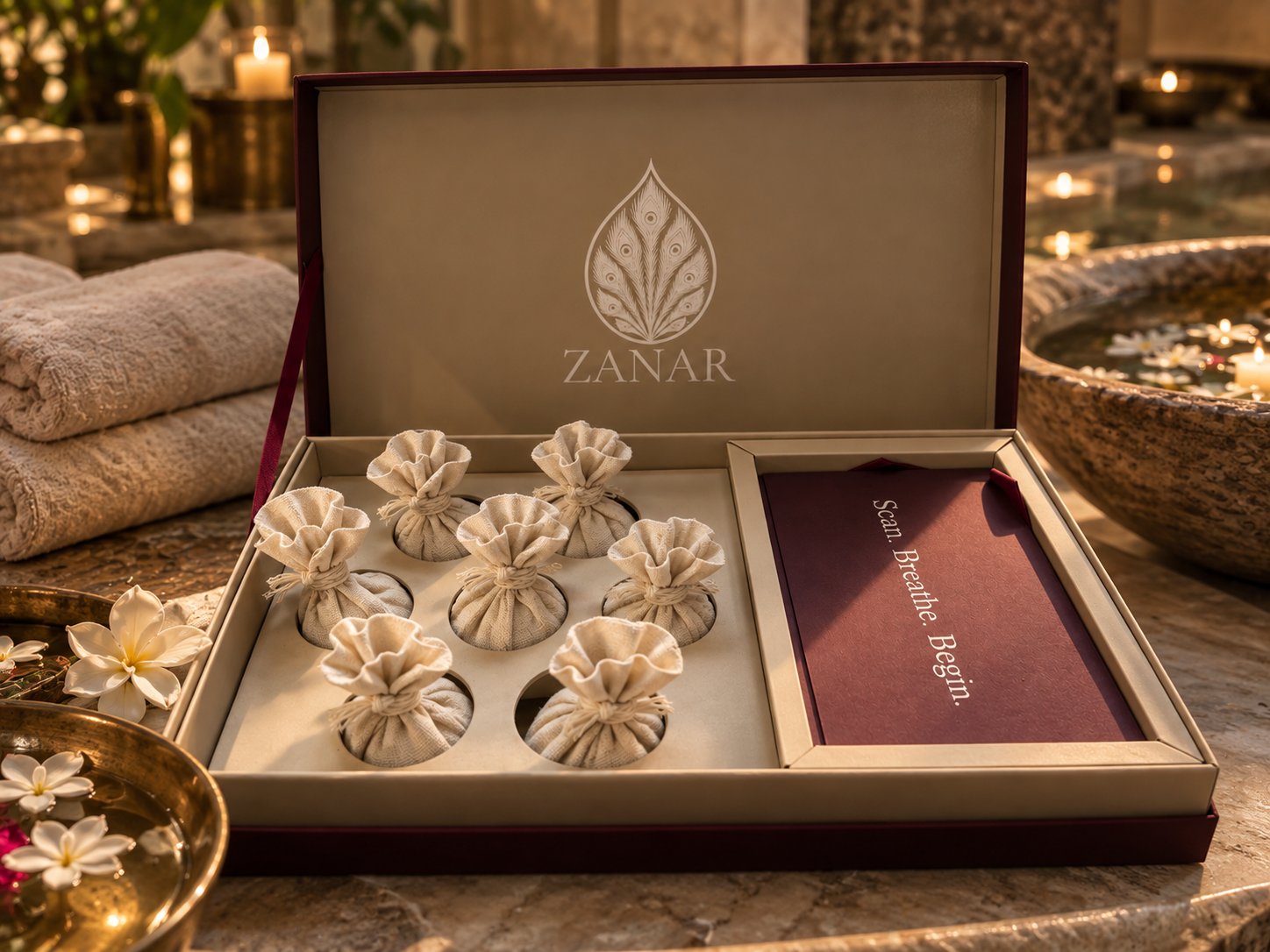 The Nidravati Vidhana House box open, its seven hand-tied cotton ritual pods seated in the tray beside the burgundy Scan, Breathe, Begin ritual card