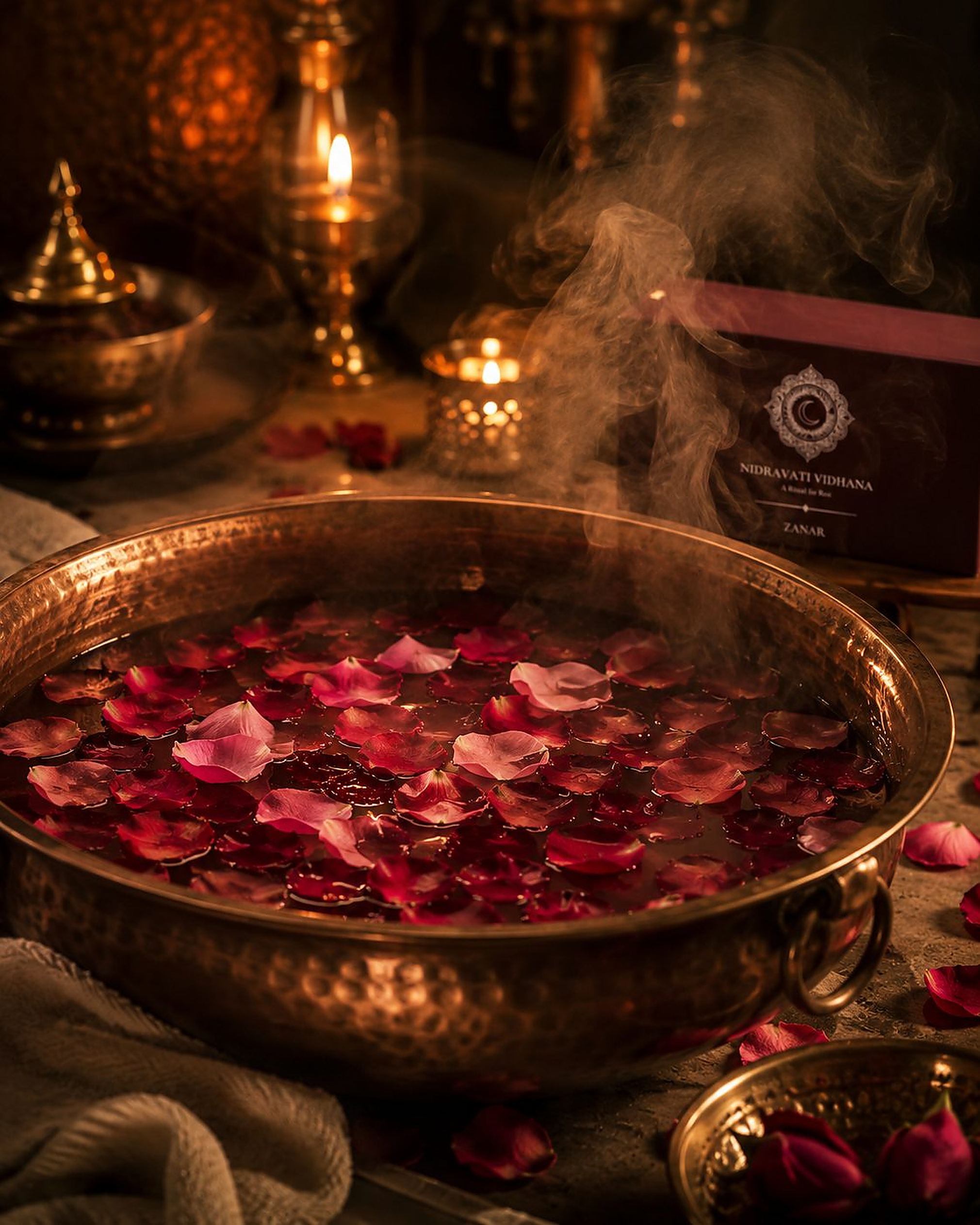 A brass bowl of floating rose petals and candlelight, marking the start of the ritual