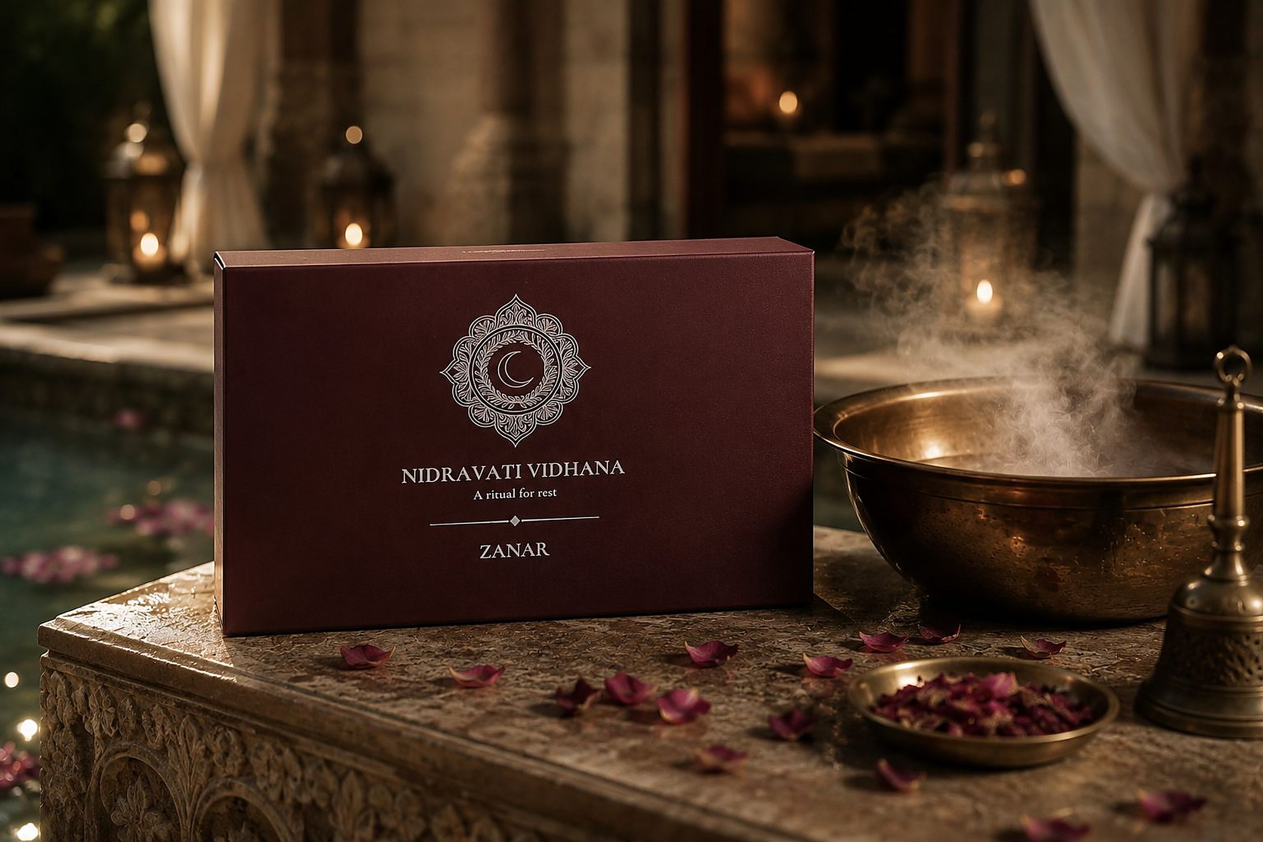 The Nidravati Vidhana box beside a warm brass bowl on a carved stone table