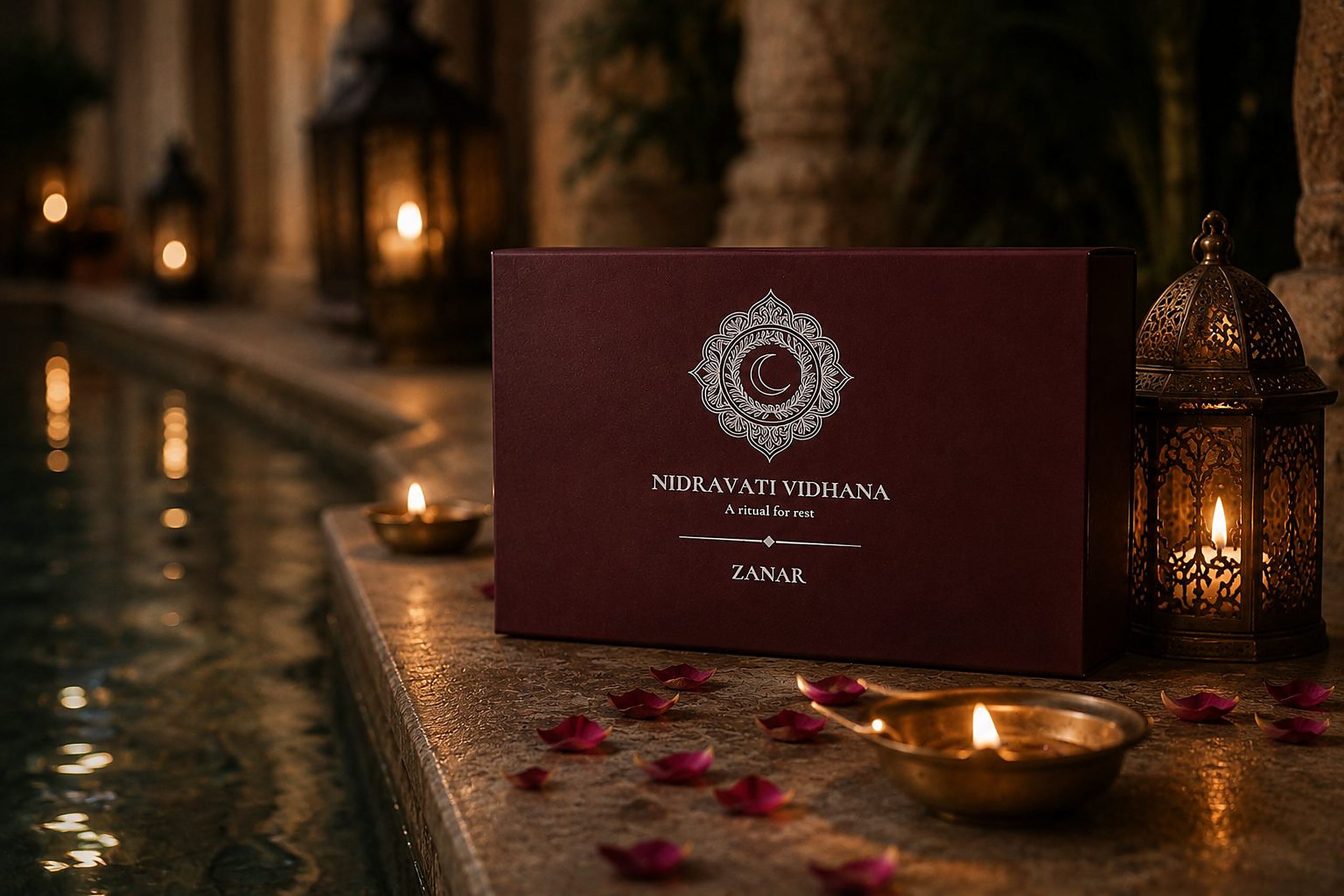 The Nidravati Vidhana box at the edge of a lantern-lit pool, rose petals and a brass diya scattered along the wet stone ledge